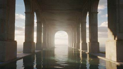 cinematic realistic image of a mirrored hallway reflecting the sky and clouds infinitely