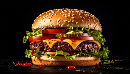 focus photo of delicious looking hamburger on black background made by AI generative meal