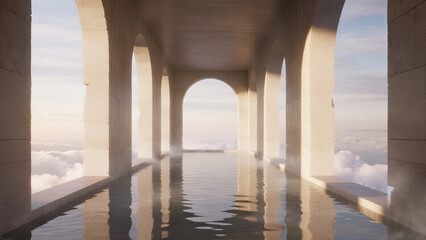 cinematic realistic image of a mirrored hallway reflecting the sky and clouds infinitely