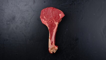 Top view of a mature T-bone or porterhouse beef steak on a dark stone surface.