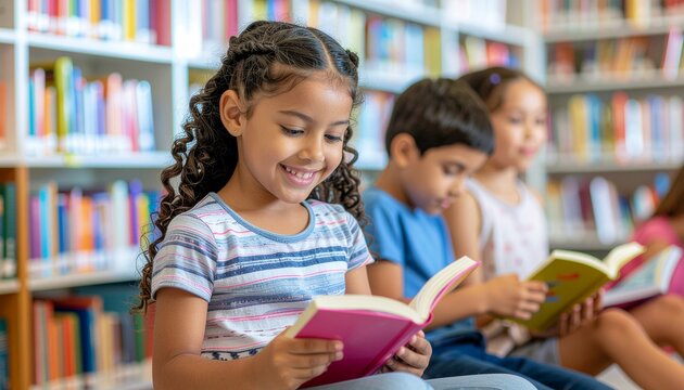 Smiling diverse children sitting in a row, happily reading colorful books in a school library, symbolizing group learning and literacy. - Powered by Adobe