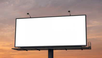 Blank white billboard set against a warm sunset sky with clouds, outdoor advertising backdrop