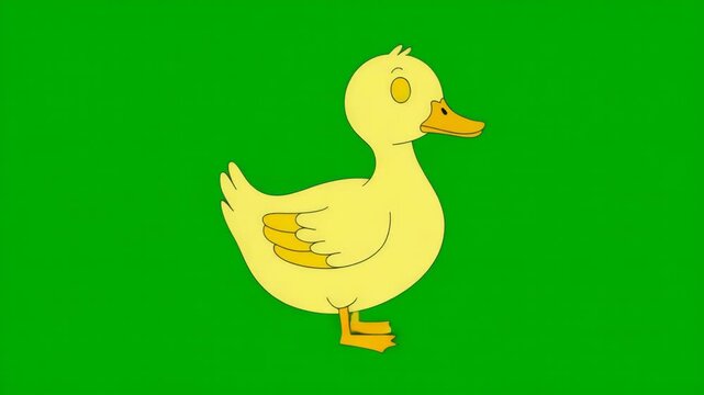 A charming cartoon duckling waddles across a vibrant green backdrop, its yellow feathers and orange beak creating a cheerful and whimsical scene, perfect for childrens illustrations