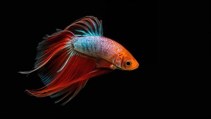 Fototapeta premium Dynamic movement of a Siam Betta fish set against a dark backdrop, showcasing fluidity and grace