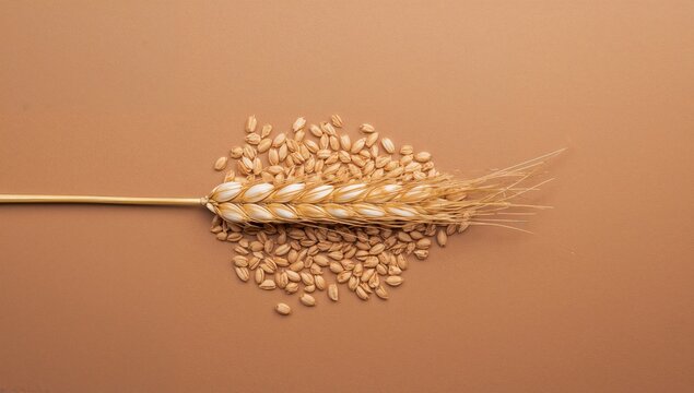 Wheat spike and kernels displayed against a rustic brown surface. Overhead shot highlighting natural grains, farming, and wholesome bread ingredients.