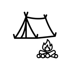 Simple Black Line Art Illustration of a Camping Tent and Bonfire.