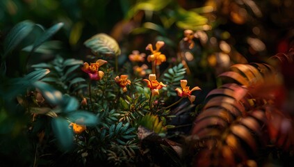 Tiny blossoms nestled within dense greenery