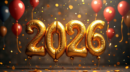 Golden balloon numbers spelling out the year 2026, surrounded by balloons and confetti.