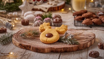 Homemade cookie shaped like a deer's muzzle displayed on a wooden tray, delightful holiday treat