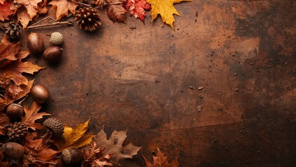 Autumn flat lay featuring diverse botanical elements like dry oak leaves and acorns, warm tones, Thanksgiving theme