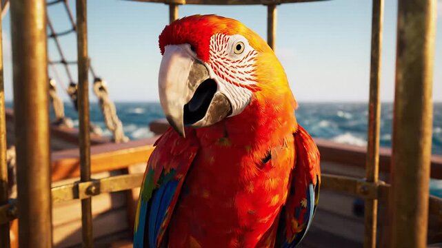 Scarlet macaw parrot perched inside a brass cage on wooden sailing ship deck, pirate‑themed mascot during ocean voyage, ropes and rigging, bright sunlight and blue waves, nautical adventure wildlife