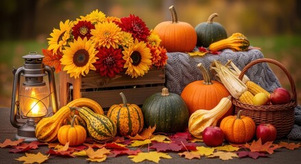 Autumn harvest table with pumpkins candles and warm leaves - cozy Thanksgiving and fall celebration visual for menus invitations and seasonal headers