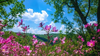 Obraz premium Vibrant pink blossoms basking in clear sunshine