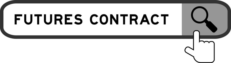Search banner in word futures contract with hand over magnifier icon on white background