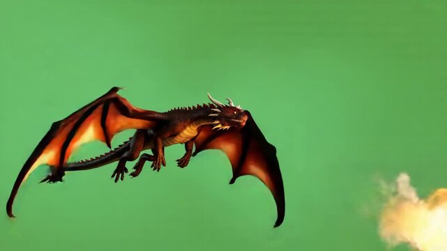 A formidable dragon soars through the air, unleashing a torrent of fire against a green screen backdrop, creating a scene of mythical power