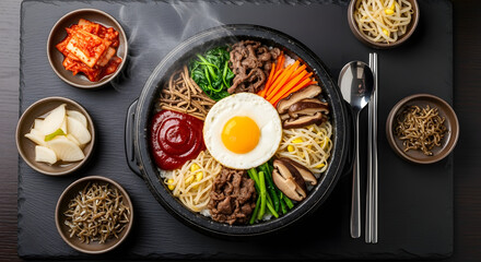 Sizzling bibimbap with colorful vegetables, savory beef, and fried egg in a stone bowl, garnished with traditional Korean side dishes ready to enjoy