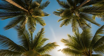 Ground View of Palm Crowns Framing the Bright Blue Tropical Sky