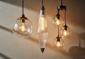 Assorted sculptural pendant lights in clear glass and brushed metal finishes with exposed filament bulbs, glowing warmly against a textured beige wall, creating a cozy modern eclectic int