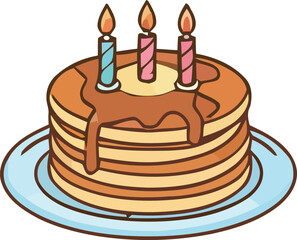 Cartoon Birthday Cake with Candles and Chocolate Drizzle on Blue Plate