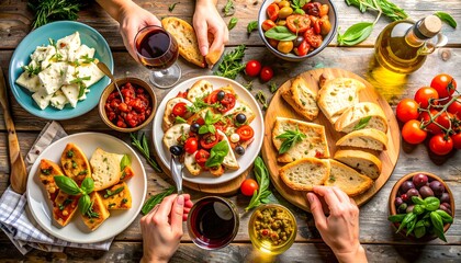 Overhead View of a Rustic Italian Feast with Wine, Bread, and Fresh Ingredients
