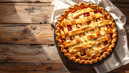 Delicious homemade fruit pie with a golden lattice crust on a rustic wooden table background