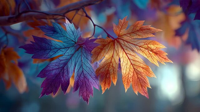 Stunning Vibrant Autumn Maple Leaves Changing Color: Beautiful Hues of Red, Orange, and Purple Foliage on a Tree Branch