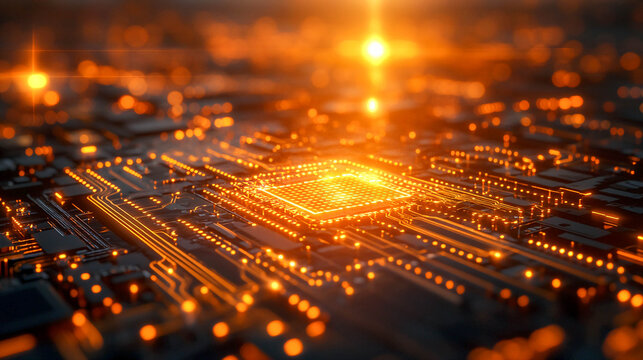 Abstract concept of a computer chip on an electronic device. The element is surrounded by a network of glowing conductors that create the effect of movement and high technology.