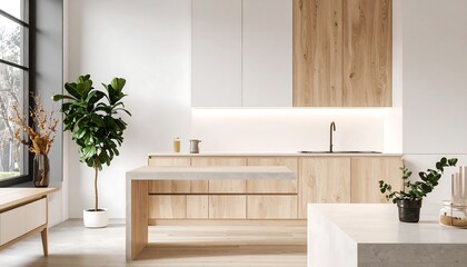 Minimalist Kitchen Interior with Natural Light and Wooden Accents.