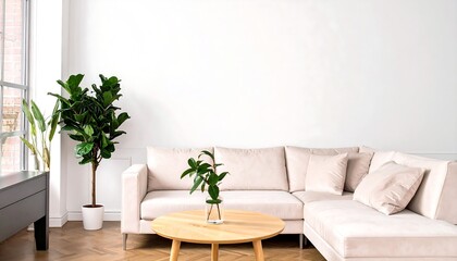 Minimalist Living Room with White Sofa and Plants.