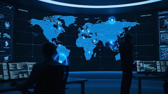 Highly secure command center monitoring global network operations, analyzing vast data streams for strategic intelligence and advanced cybersecurity defenses