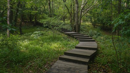 Obraz premium Aged wooden steps surrounded by greenery