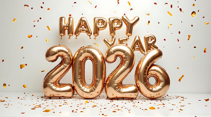 Rose gold balloon letters spelling "Happy Year 2026" with confetti scattered.