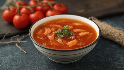 Freshly Made Borsch Served in a Ceramic Bowl on a Table with a Dark Wooden Backdrop