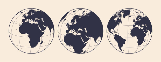 Globe, map, Europe Asia Africa. Earth globe with continents, Europe, Asia, Africa globe set. Map of Europe Asia Africa, EU globe sign, symbol, circle. Vector Illustration © foxysgraphic