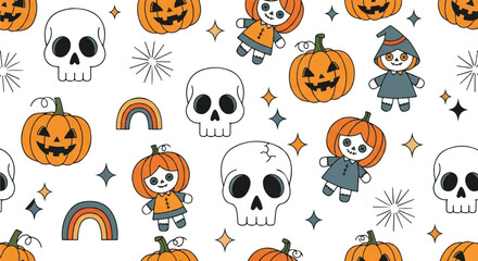 Fototapeta premium Spooky boho halloween seamless pattern with skulls, pumpkin doll..