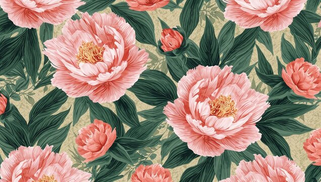Fototapeta Floral seamless design featuring peonies and leaves, ideal for fabric and wallpaper applications