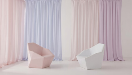 Modern Interior with Pastel Curtains and Geometric Chairs for Minimalism