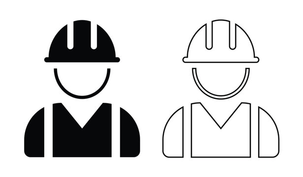 Flat worker vector icon wearing hard hat with tool overlay in solid and outline styles for technical roles