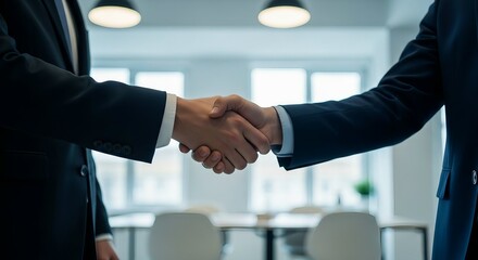 Two businessmen in suits shaking hands in a modern office