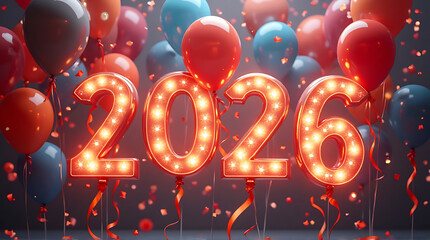 Illuminated "2026" marquee balloons with festive balloons and confetti, celebrating a new year.