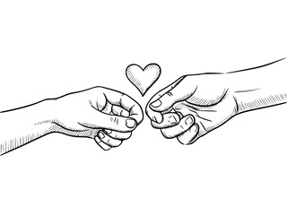 Vecter illustration  two hands reaching towards each other with a heart floating between them in a black and white sketch silhouette