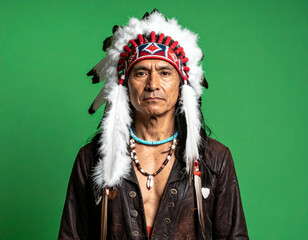 Portrait of a Native American man wearing traditional headdress, looking directly at the viewer.