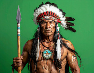 Native American man in traditional headdress holds spear against a green background, looking directly at the viewer.