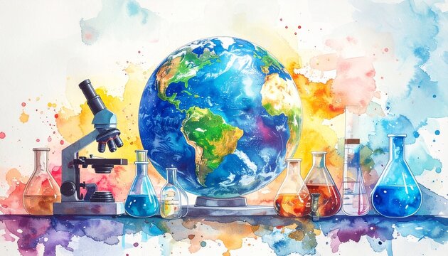 World Science Day: Artistic Watercolor of a Global Laboratory with Earth, Microscope, and Flasks. Scientific Discovery