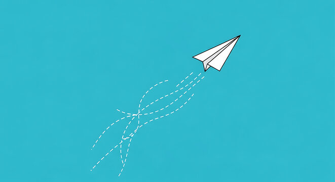 A single paper airplane flying upward on a blue background, a minimalist vector illustration representing startup launch, ambition, and freedom
