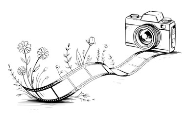 Vecter illustration  camera and film strip with flowers and foliage in a black and white sketch style illustration silhouette