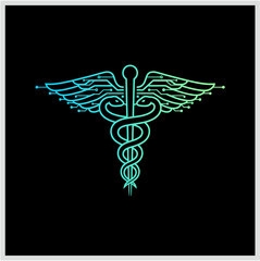 Futuristic glowing Caduceus symbol with digital circuit board wings, illustrating the intersection of medicine, health, and technology innovation