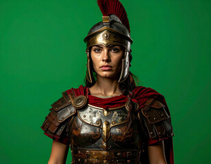 A woman in Roman armor poses against a vibrant green backdrop, looking directly at the viewer.