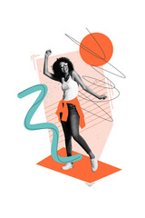 Vertical photo collage of happy american hipster girl dance weekend party occasion colorful disco...