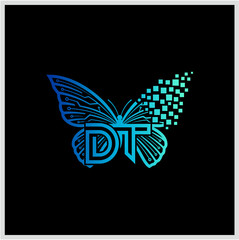 Obraz premium Digital Transformation Logo Butterfly Design with DT Initials, Innovation, and Technology on Black